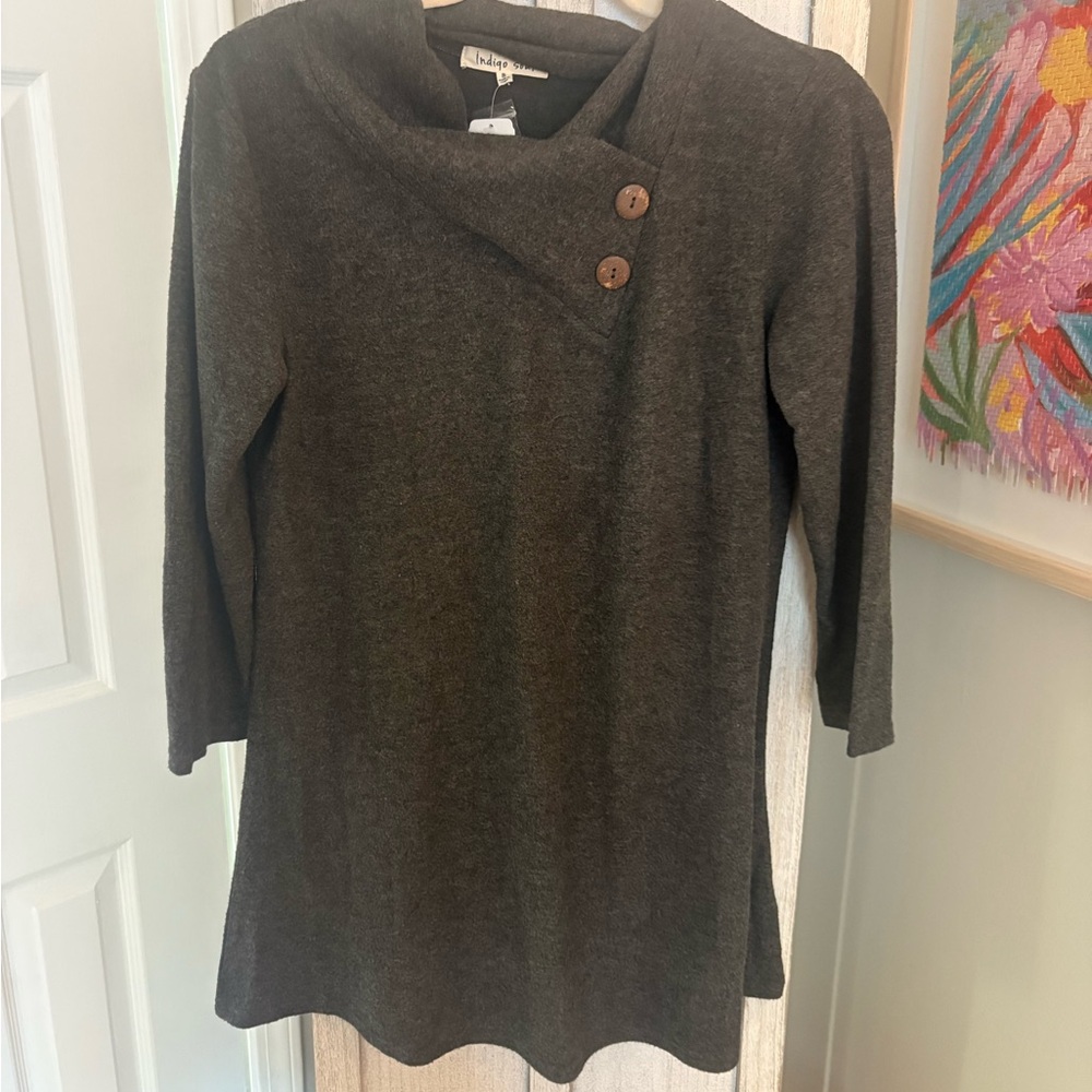 Indigo Soul Charcoal Button Neck Top